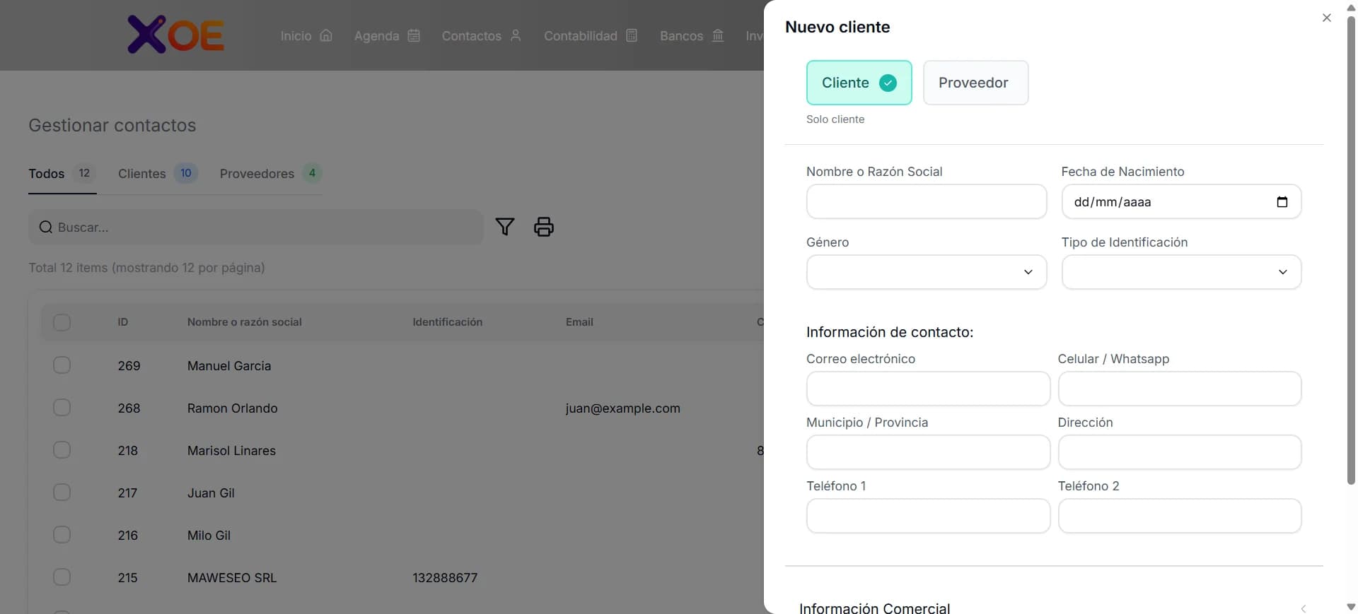 Gestión de contactos en Xoe